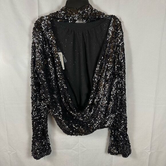Free People Open Back Black Sequin Mockneck Lined Shirt Top Bell Sleeve XS NWT - Picture 6 of 11